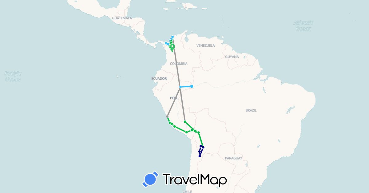 TravelMap itinerary: driving, bus, plane, boat in Bolivia, Colombia, Panama, Peru (North America, South America)